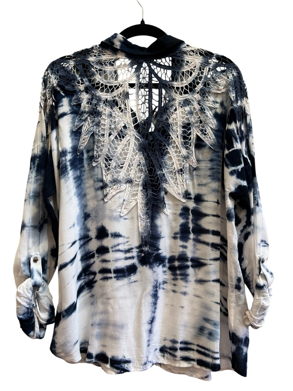 Aratta Silent Journey Tie Dye Lace Back Button Down Blouse M Boho Lagenlook - Picture 3 of 8
